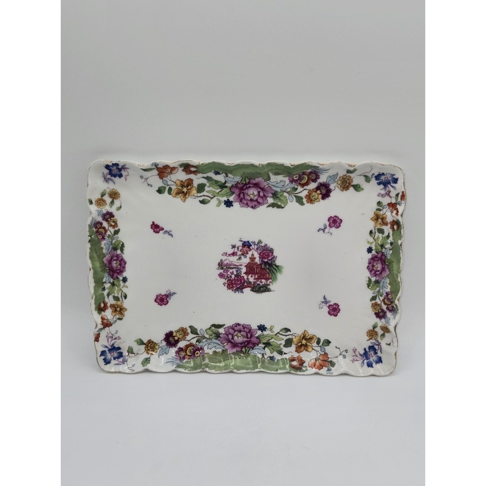 Antique Floral Transferware Porcelain Serving Platter Chinoiserie Scalloped